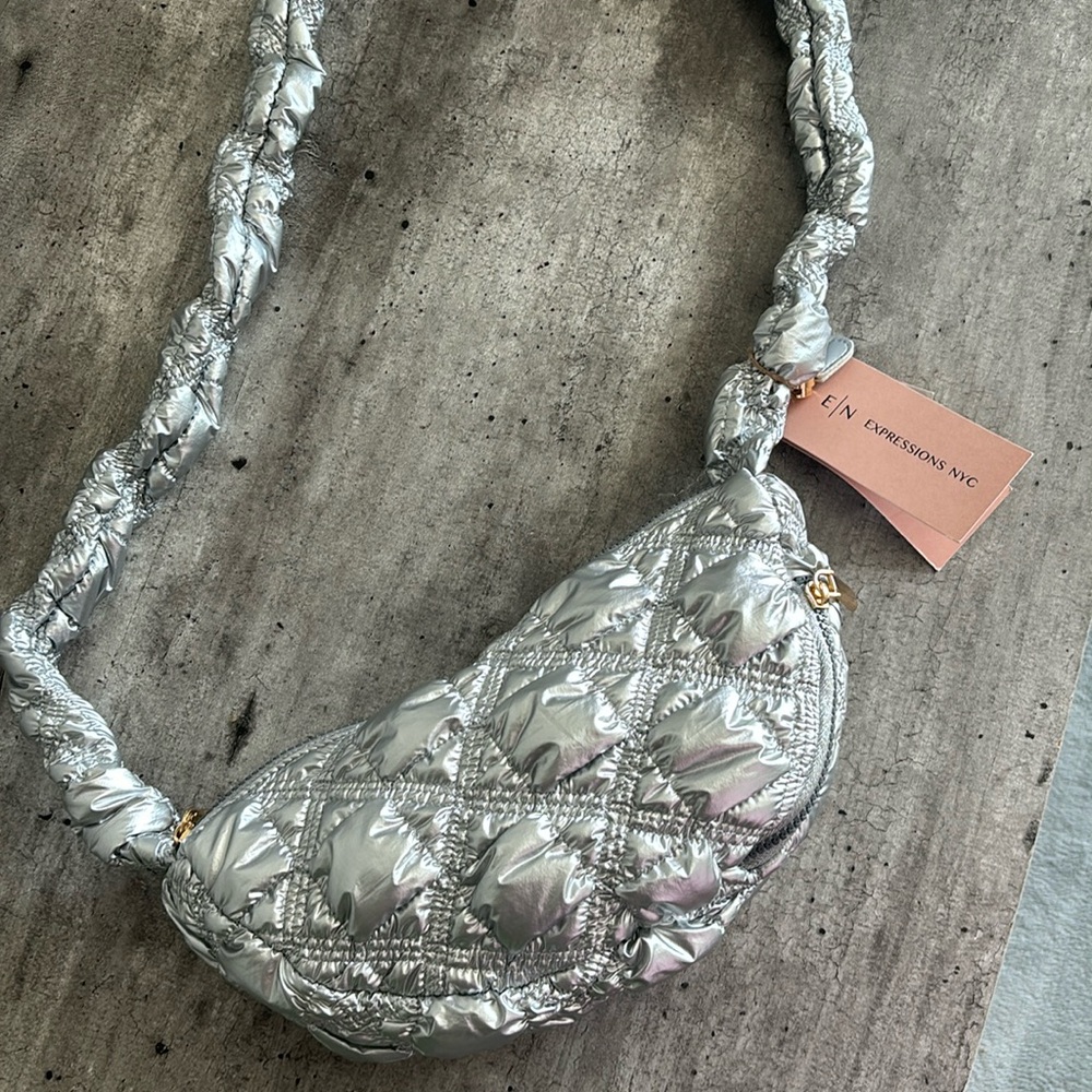 New Expressions NYC Crossbody Purse Bag Silver Vegan NWT Metallic Puffer